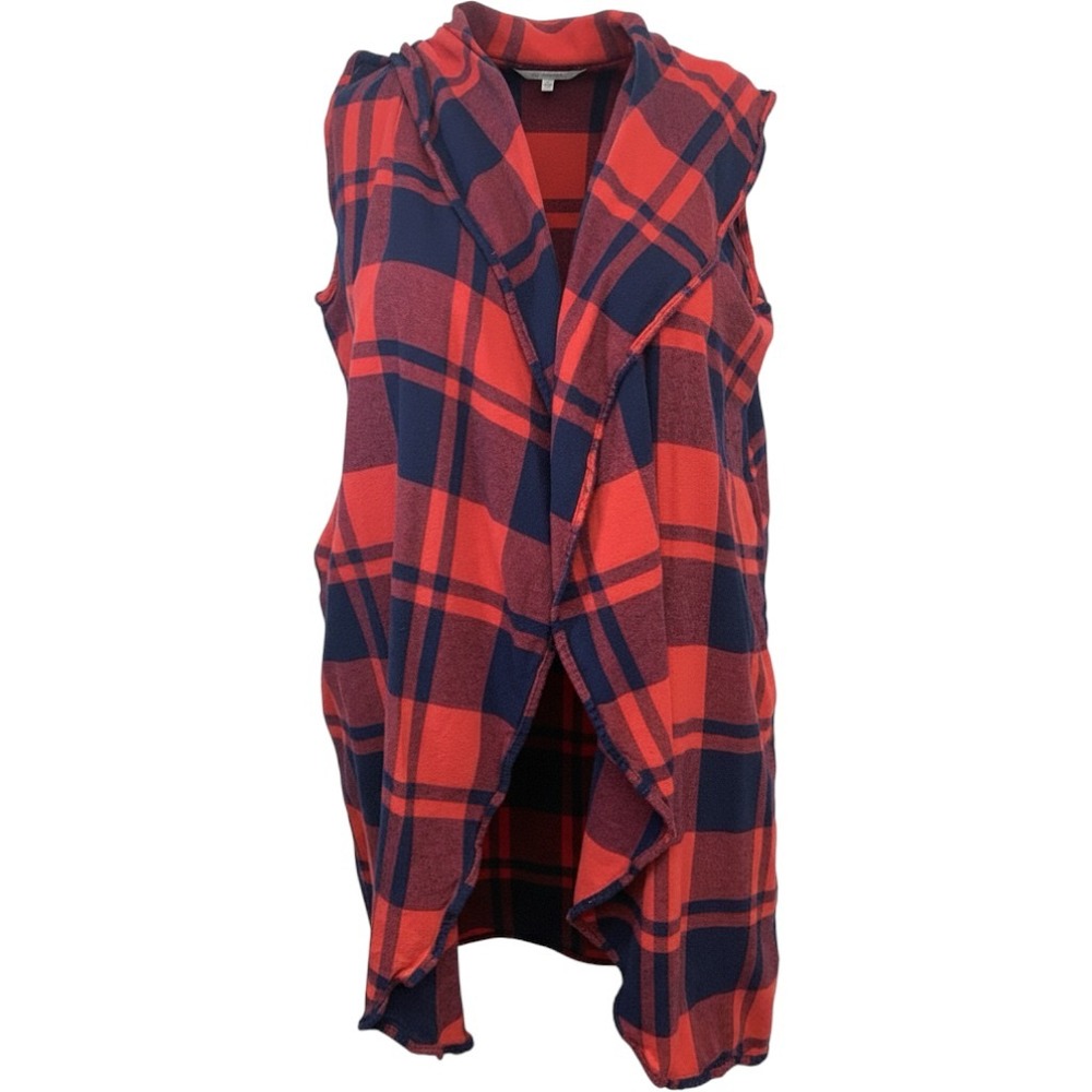 Taxi Womens 1X Red Blue Plaid  Sleeveless Longline Cotton Draped Open Front Vest